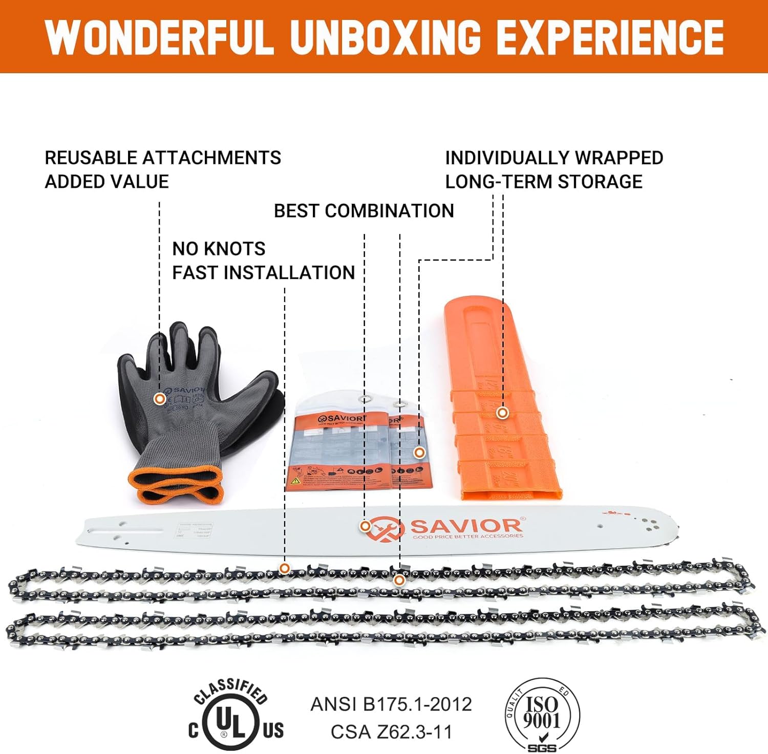 Savior 20 Inch Chainsaw Bar and Chain Combo, 3/8 Pitch .050 Gauge 72 Drive Links for 455 Rancher 460 Rancher Poulan PR5020, Replace for 200SFHK095, 584818, 584271